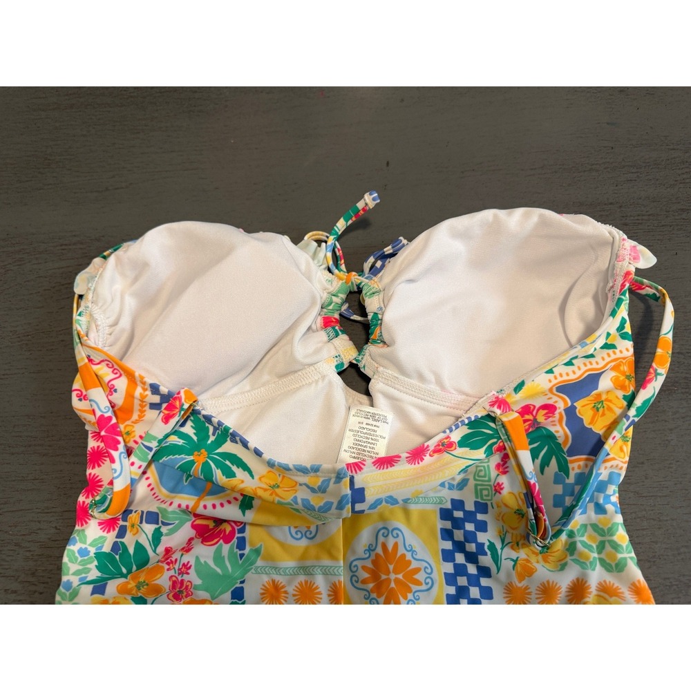 Time and Tru Womens Tropical Patchwork One Piece Swimsuit Floral Ruffle L 12-14 - Picture 2 of 4